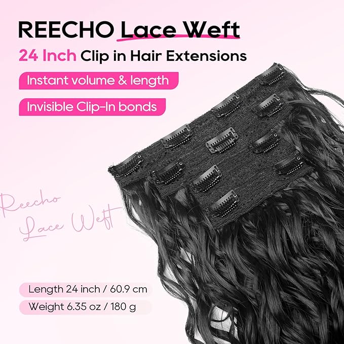 REECHO Curly Hair Extensions, 4PCS 24 inch Clip in Hair Extensions Lace Weft Short Curly Extensions Clip Ins Invisible Natural Hairpieces for Women, Natural Black