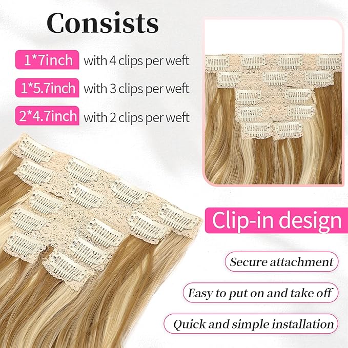 KooKaStyle Short Hair Extensions 6PCS 14 Inch Wavy Curly Hairpieces Synthetic Soft Lace Weft Clip in Hair Extensions-Honey Blonde to Bleach Blonde for Women