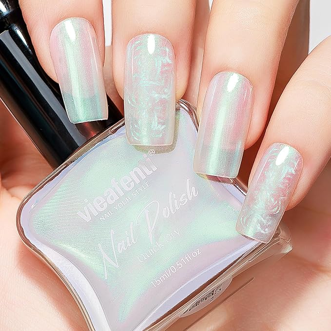 Pearl Pink to Green Iridescent Nail Polish 15ml - Aurora Mermaid & Unicorn Glossy, Quick Dry Air Dry Long Lasting, Oil-Based Vegan Nail Art Polish - DIY at Home