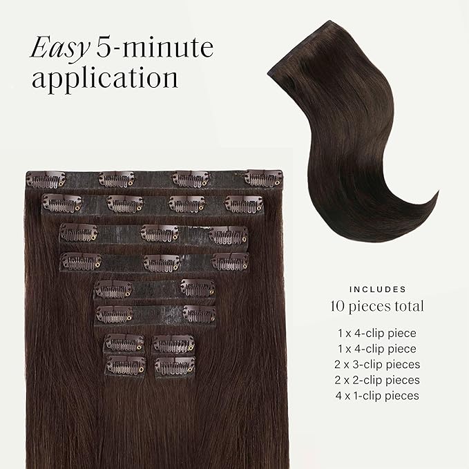 Luxy 100% Remy Human Hair, Classic 160g Clip-In Hair Extensions - 10 Wefts Multi-Dimensional Color for Natural Blending, Adds Volume & Length, Easy Apply & Remove 20" Dark Brown Classic