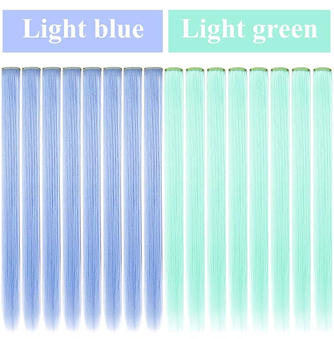 Rhyme 21" 16 PCS Light Green Sky Blue Hair Ins Colored Clip in Hair Extensions Straight Fashion Hairpieces for Party Highlights Girls Hair Accessories (Light green,Light blue)