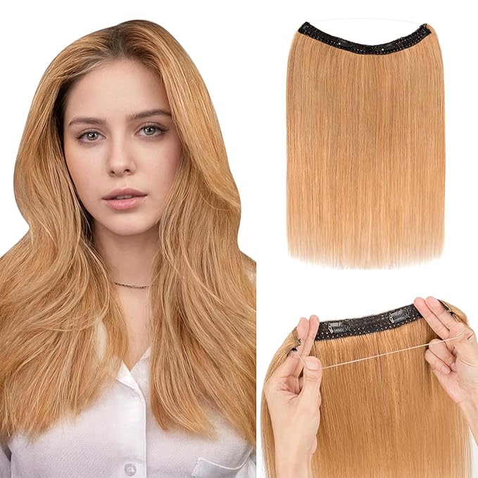 Hairro Wire Hair Extensions Human Hair, Fish Line Invisible Adjustable & Clips in Extensions Straight, 100% Real Hairpieces Seamless Blending for Women, 16 Inch 80g Dark Blonde