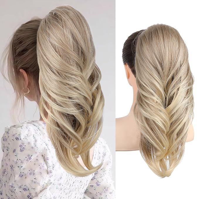 SEIKEA Versatile Drawstring Ponytail Extension, 18" Long Wavy Multi Layered Clip in Ponytail Hair Extensions Stand Up High Fake Pony Tail Soft Natural Synthetic Hairpiece Glazed Mocha to Blonde