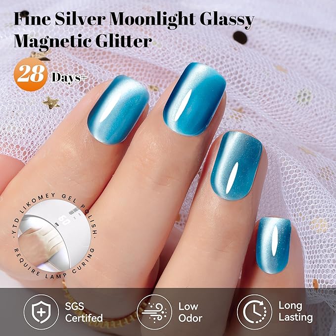 YTD Likomey Cat Eye Gel Nail Polish,Silk Glass 15ml Blue Magnetic Shimmer Glitter Moonlight Jelly Shiny Salon Home Fall Winter UV Color Varnish with Magnet Stick,HEMA Free TPO Free,MY504