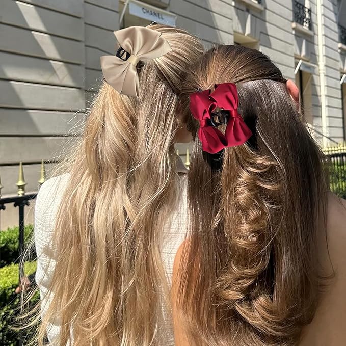 Bow Claw Clip,StrongHold Cute Bow Hair Claw Clips for Women Girls,Nonslip Silky Big Hair Bows Ribbons for Hair Claws,Large Claw Clips for Thick/Thin Hair Styling Accessories Gifts (red,champagne)