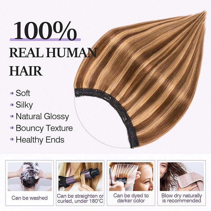 Halo Hair Extensions Real Human Hair,Halo Hair Extension 100% Human Hair,Wire Hair Extensions,Thicker 4P27 Medium Brown Mixed Dark Blonde 18 inch/80g