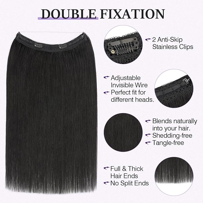 Halo Hair Extensions Real Human Hair,Halo Hair Extension 100% Human Hair, Wire Hair Extensions,Straight 01 Jet Black 14inch/60g