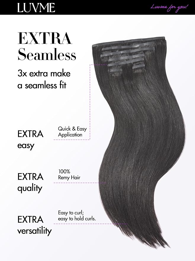 LUVME Silky Straight Seamless 110g 7Pcs Clip in Hair Extensions Full Max with 16inch Remy Human Hair Extensions, Natural Black 100% Real Soft Hair
