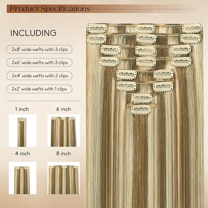Clip in Hair Extensions Real Human Hair 16Inch 8pcs 90g Seamless Balayage Blonde Hair Extensions Clip Ins Double Weft Light Blonde Highlight Golden Blonde Invisible Straight Remy Human Hair for Women