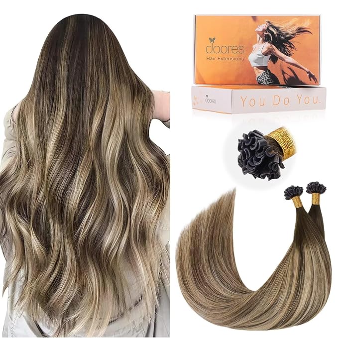 DOORES Ktips Hair Extensions Human Hair, Chocolate Brown to Honey Blonde 14 Inch 50g/50s, K Tip Extensions for Women