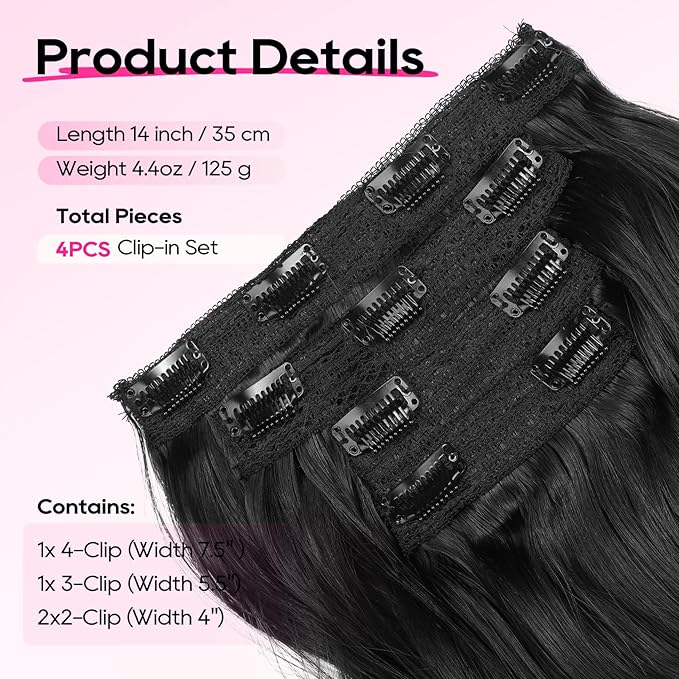 REECHO Clip in Hair Extensions - 4PCS 14" Short Beach Wavy Hairpieces - Invisible Lace Weft - Natural Soft - Black