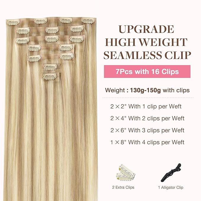 GOO GOO Clip in Hair Extensions Real Human Hair, Remy Human Hair Extensions Clip ins for Women, Natural Human Hair, 22inch 160g 7Pcs, #18A/613A Dark Blonde Highlighted Bleach Blonde