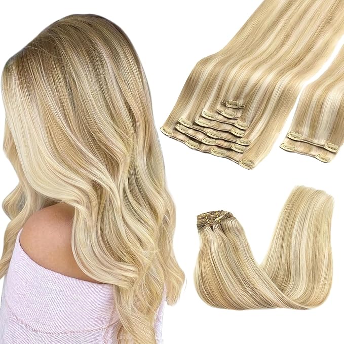 GOO GOO Clip in Hair Extensions Real Human Hair, Remy Human Hair Extensions Clip ins for Women, Natural Human Hair, 18inch 150g 9Pcs, 18A/613A Dark Blonde Highlighted Bleach Blonde