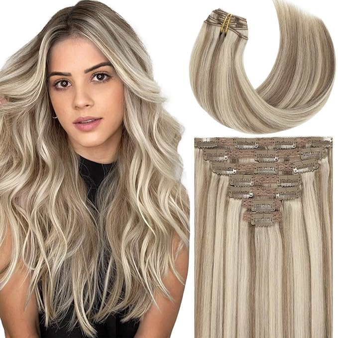 Caliee Hair Extensions Real Human Hair P18/613 Ash Blonde Highlighted Bleach Blonde Clip in Hair Extensions Double Weft Lace Clip in Hair Extensions 7PCS Straight 14Inch Long Straight