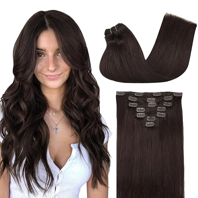 GOO GOO Clip in Hair Extensions Real Human Hair, Remy Human Hair Extensions Clip ins for Women, Natural Human Hair, 20inch 120g 7Pcs, 2A Light Brown