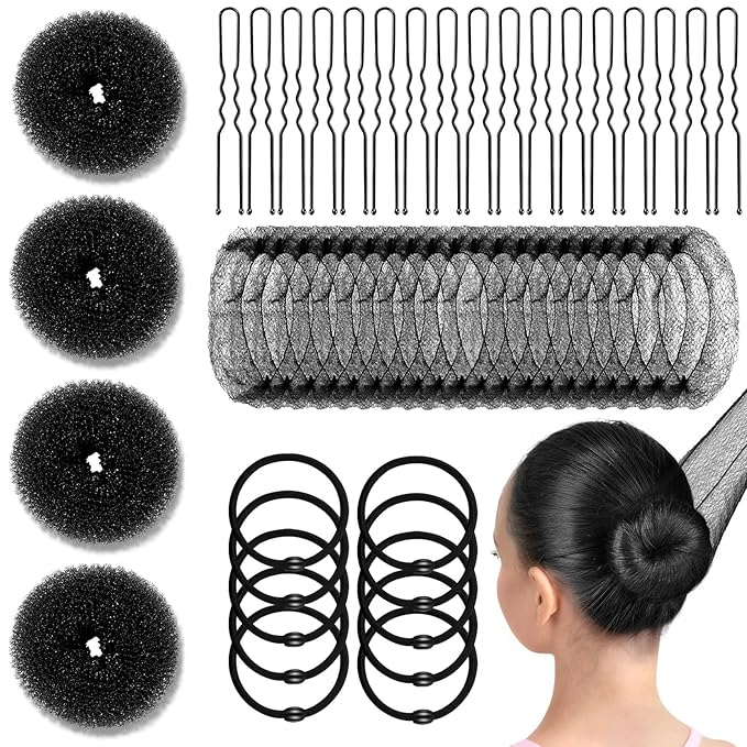 YINGFENG 134 Pcs Black Hair Bun Maker Kit for Kids Small - 4 Hair Donuts for Buns, 20 Hair Nets for Buns, 100 U Shaped Bobby Pins, 10 Hair Bands, for Girls, Ballet Dance, Hair Accessories for Women