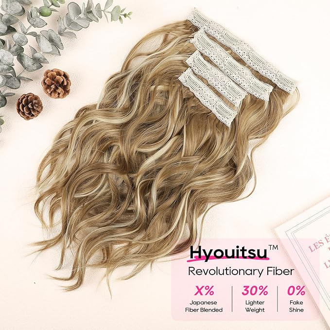 REECHO Hair Extensions, 4PCS Clip in Hair Extensions 14" Short Beach Wavy Invisible Lace Weft Natural Soft Hairpieces for Women – Honey Blonde with Highlights