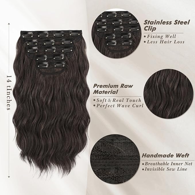 BARSDAR Short Wavy Clip in Hair Extensions - 14 Inch Dark Brown Hair Extensions Clip in for Women - 5PCs Thick Soft Synthetic Loose Wavy Clip in Hairpieces – Dark Brown Mixed