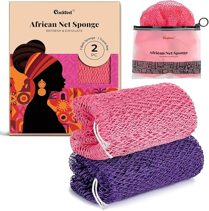 CORATED African Net Sponge Authentic, Shower Loofah Exfoliating Bath Sponge, Body Scrubber for Women and Men Daily Use Body Care, Travel Portable, Durable Bath Accessories Spa Gifts