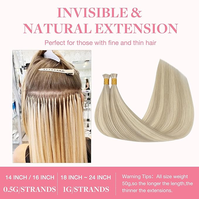 GOO GOO I Tip Hair Extensions Real Human Hair, 16inch 50g 100S, Invisible Remy Cold Fusion I Tip Hair Extensions, 17A/60A Ash Blonde Highlighted Platinum Blonde