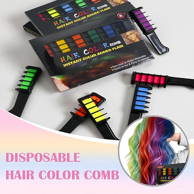 10 Colors Hair Chalk Combs Set with Gloves, Disposable Cape & Shawl, Temporary Washable Hair Color for Teens & Adults, Easy-Apply Comb Design for Cosplay, Party & New Year Styling