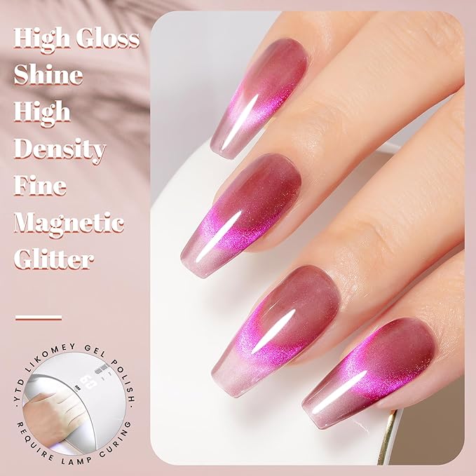 YTD Likomey Cat Eye Gel Nail Polish,High Shine Glass 15ml Maple Hot Pink Magnetic Shimmer Glitter Translucent Jelly Salon Home Fall Winter UV Color Varnish with Magnet Stick,HEMA Free TPO Free,MY508