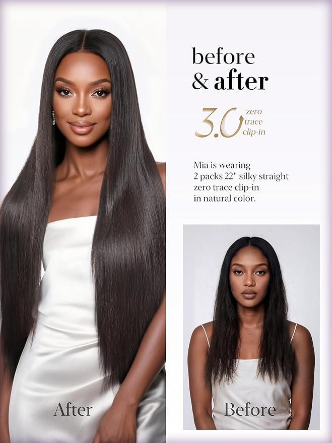 LUVME 0.59mm Zero Trace Invisible Clip in Hair Extensions, Silky Straight 2 Pack 6 Pcs 100g 22 Inch, 100% Real Human Hair Clip Ins, Zero Trace Weft Lays Flat with Long Silky Length for Work & Events