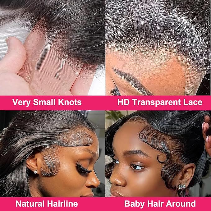 200 Density 13x6 HD Lace Front Wigs Human Hair 12A Body Wave Lace Front Wigs Human Hair Pre Plucked Wet And Wavy Black Wig Body Wave Frontal Wig 13X6 For Black Women With Natural Hairline 28 Inch #1B