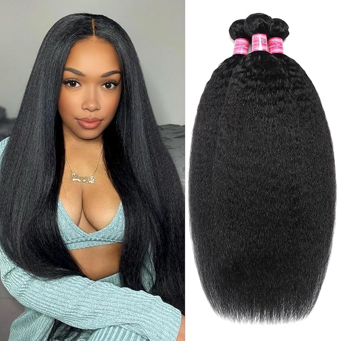 Kinky Straight Bundles Human Hair 22 22 22 Inch Yaki Straight Real Human Hair 100% Unprocessed Brazilian Hair 3 Bundles Deals Kinkycurly Human Hair Extensions Quick Weave Natural Black