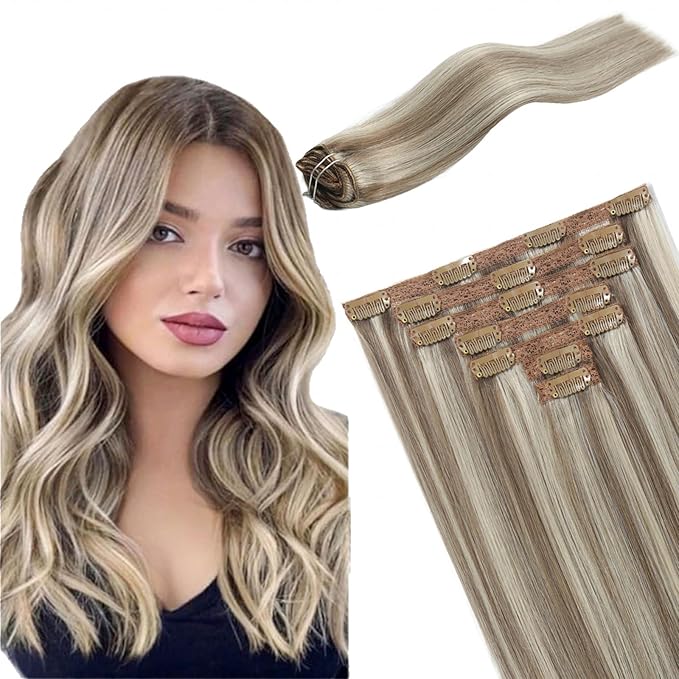 Hair Extensions Clip Real Human Hair Ash Brown Highlights Platinum Blonde Remy Clip in Hair Extensions Lace Weft Clip In Extensions 120G 20inch 7Pcs