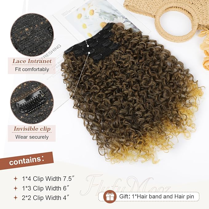 Flufymooz Clip in Hair Extensions, 4PC 100％ Pure Protein Silk Hair Extensions Long Soft Natural Hairpiece 20 Inch Curly Hair Extension for Women-Brown Mix Dirty Blonde