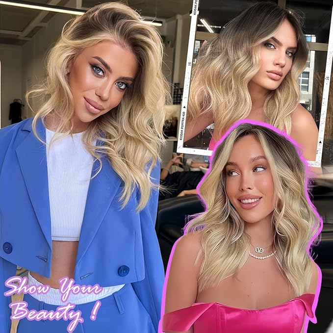 AISI HAIR 14 Inch Ombre Blonde Wigs for Women - Shoulder Length Wave Wig with Pre-Cut Lace Hairline, Middle Part Natural Wavy Bob Synthetic Heat Resistant Fiber for Daily and Party