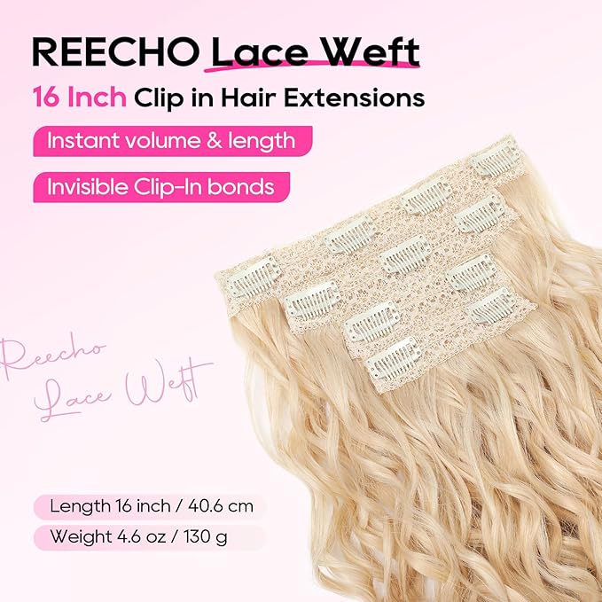 REECHO Curly Hair Extensions, 4PCS 16 inch Clip in Hair Extensions Lace Weft Short Curly Hair Extensions Clip Ins Invisible Natural Hairpieces for Women, Light Blonde