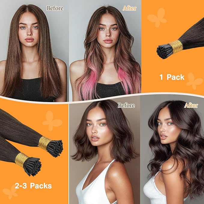 DOORES I Tips Real Human Hair Extensions, Light Dark Brown 22 Inch 50g/50s, Straight Silky Cold Fusion Hair Extensions