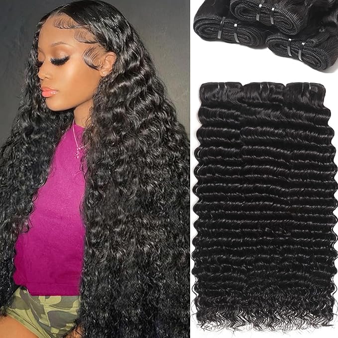12A Deep Wave Human Hair Bundles16 16 16 Inch Brazilian Virgin Depp Weave Curly Bundles Human Hair 3 Pcs 100% Unprocessed Virgin Remy Natural Black Water Wave Hair Extensions