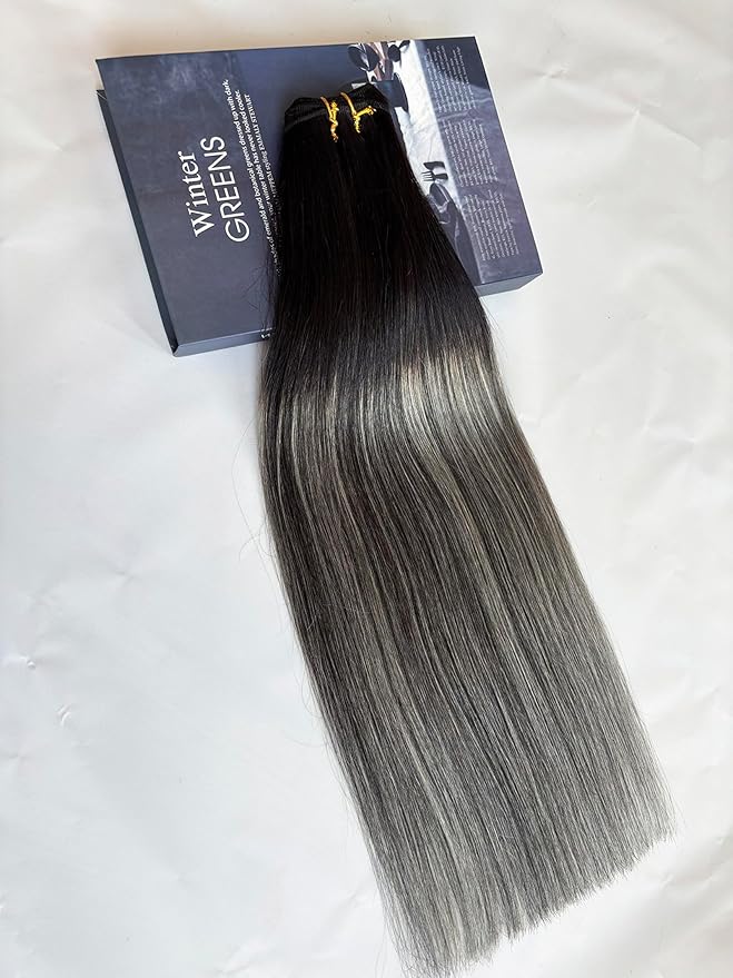 Silver Black Hair Extensions Weft Sew in Human Hair Extensions 14 Inch 80G Full Head Highlight Silver Grey Bundles Straight Natural Black to Silver Ombre Weft Hair Extensions Human Hair