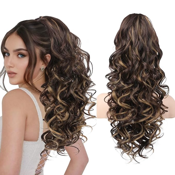 REECHO Ponytail Extension, 24" Claw Clip in Ponytail Extensions Long Curly Wavy Jaw Clip on Pony Tails Hairpiece for Women, Dark Brown with Highlights