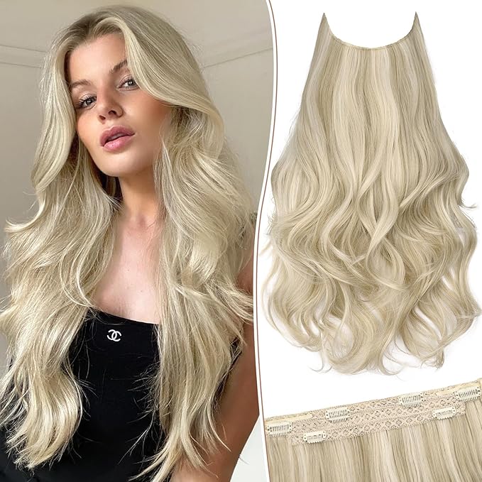 KooKaStyle Invisible Wire Hair Extensions Long Wavy Layered Synthetic Hairpieces with Transparent Wire Adjustable Size 6 Secure Clips Light Brown with Platinum Blonde for Women 20 Inch
