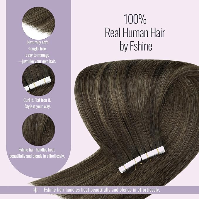 Fshine Brown Balayage Hair Extensions Tape in Human Hair 22 Inch Darkest Brown Fading to Chestnut Brown Extensions Straight 20 pcs 50 g,Blends Perfectly for a Natural Look