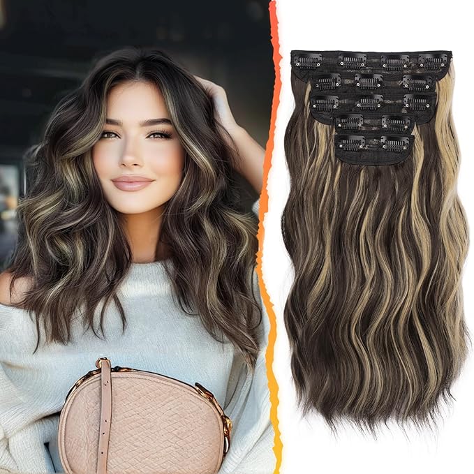 BARSDAR Short Wavy Clip in Hair Extensions - 14'' Highlight Hair Extensions Clip in for Women - 5PCs Thick Soft Synthetic Loose Wavy Clip in Hairpieces – Chocolate Brown with Highlights