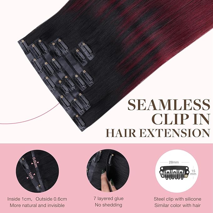 GOO GOO Clip in Hair Extensions Real Human Hair, Remy Human Hair Extensions Clip ins for Women, Natural Human Hair, 20inch 130g 7 Pcs, #1/99j Balayage Jet Black to Red Seamless Blend