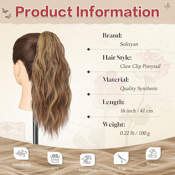 SOFEIYAN Ponytail Extension Mini Claw Clip Curly Ponytail Hair Extensions Long Wavy Pony tails Hairpiece Cute Jaw Clips for Women