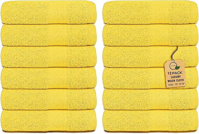 Premium Wash Cloths Pack of 12 (13" x 13") 100% Ring Spun Cotton | Luxury Washcloths | Ultra Soft Face Towels | Highly Absorbent Wash Cloths for face (Yellow)