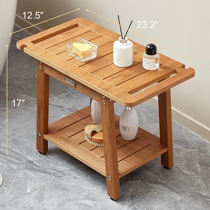 Heavy Duty HDPS Shower Bench Seat with Shelf, Large Shower Stool for Inside/Outdoor Use, Brown, 500LBS Weight Capacity
