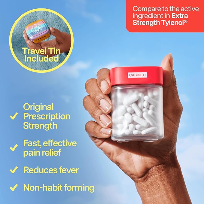 Cabinet: 500mg Acetaminophen for Headache Relief, Toothaches, Sore Throat, and Fever Reducer, Includes 1 Refillable Medicine Jar, 120 Tablets Refillable Glass Jar - w/Travel Tin