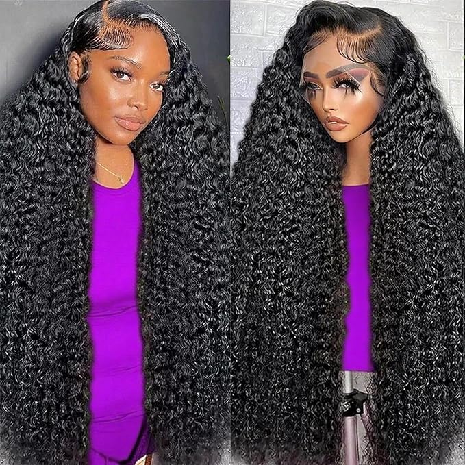 Manorshen 36Inch 13x6 Deep Wave Lace Front Wigs Human Hair HD Transparent Lace Frontal Wigs Human Hair Pre Plucked Deep Curly Wigs for Women Wet and Wavy Glueless Wigs Natural Black 180% Density