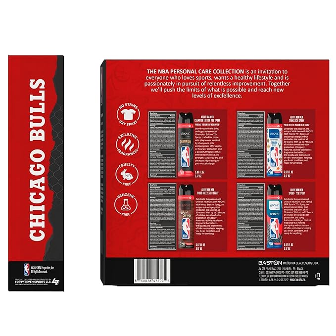 Above NBA – Chicago Bulls Deodorant Gift Set – A Giftable Set for Bulls Fans – Antiperspirant Spray, 4 Signature Scents, 72h Protection, Dry Spray, No Stains – 5.07 oz, Pack of 4