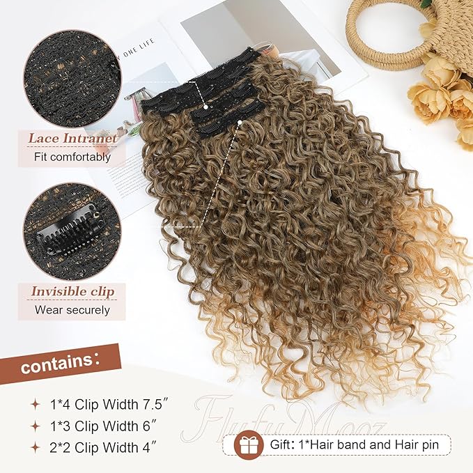 Clip in Hair Extensions, FLUFYMOOZ 4PC 100％ Pure Protein Silk Hair Extensions Long Soft Natural Hairpiece 20 Inch Curly Hair Extension for Women (Medium Golden Brown to Blonde)