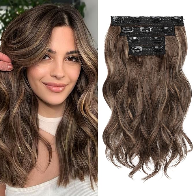 REECHO Clip in Hair Extensions - 14" Short Beach Wavy Hairpieces with Invisible Lace Weft - Natural Soft, Chocolate Brown with Highlights