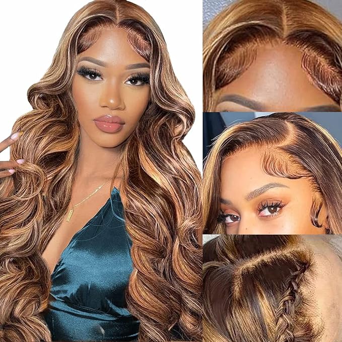 Aicrelery 30 Inch Highlight 13x6 Lace Front Wigs Human Hair Ombre P4/27 Colored Honey Blonde Frontal Wigs Pre Plucked with Baby Hair 180% Density Ombre Body Wave Human Hair Lace Frontal wig for Women
